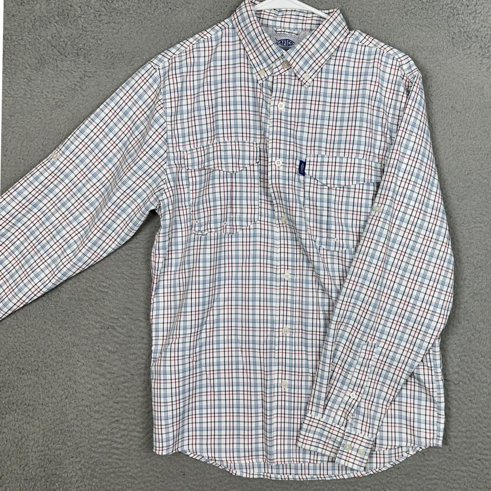 AFTCO Shirt Mens Small White Multi Plaid Fishing Button Down Vented Long Sleeve